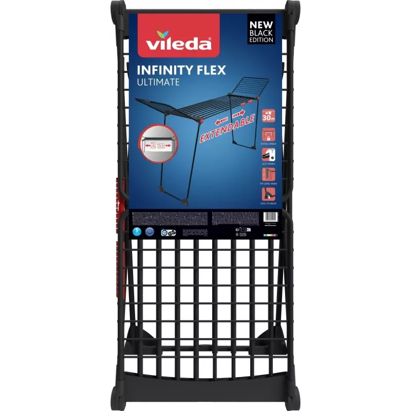 Tendedero VILEDA Infinity Flex Ultimate Telescópico — negro, aluminio recubierto, 30 m de superficie de secado, plegable, ruedas