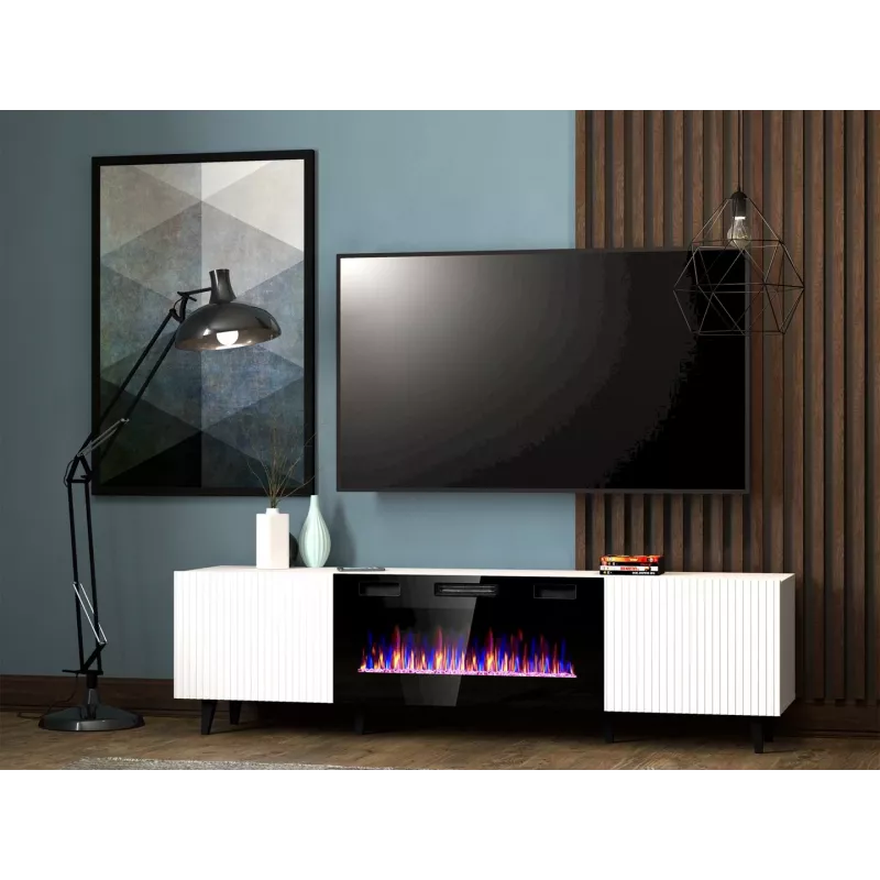 Mueble TV Cama Meble PAFOS EF con chimenea eléctrica 180×42×49 cm, blanco mate