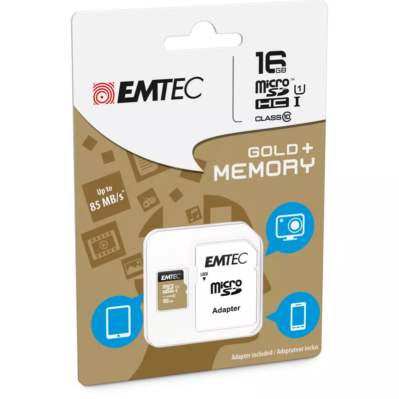 EMTEC Gold+ - Tarjeta de memoria flash (adaptador SD incluido) - 16 GB - Class 10 - microSD - oro (ECMSDM16GHC10GP)