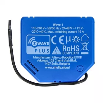 Relé inteligente Shelly Qubino Wave 1, 1 canal, empotrable, Z-Wave, 16 A, 110–240 V AC / 24–48 V DC, plástico, azul