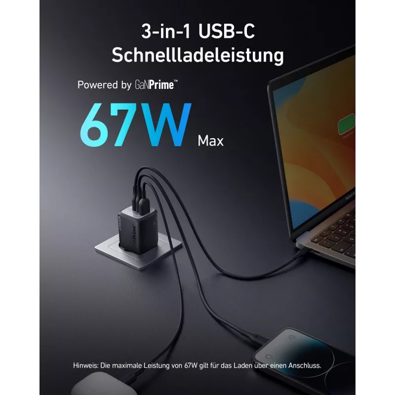 Cargador rápido USB de interior Anker Prime A2669313 – 67 W, 1×USB-A, 2×USB-C, negro