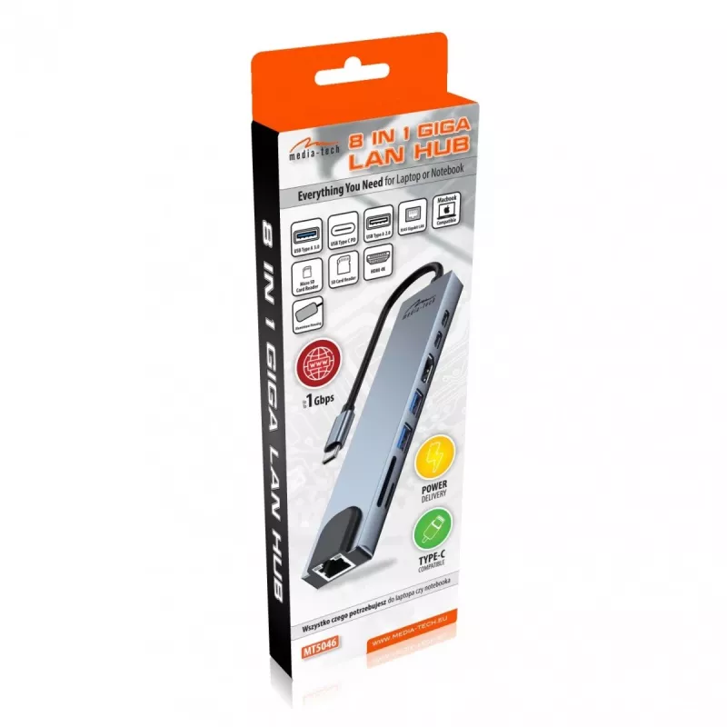HUB USB MEDIA-TECH 8 EN 1 GIGA LAN HUB MT5046