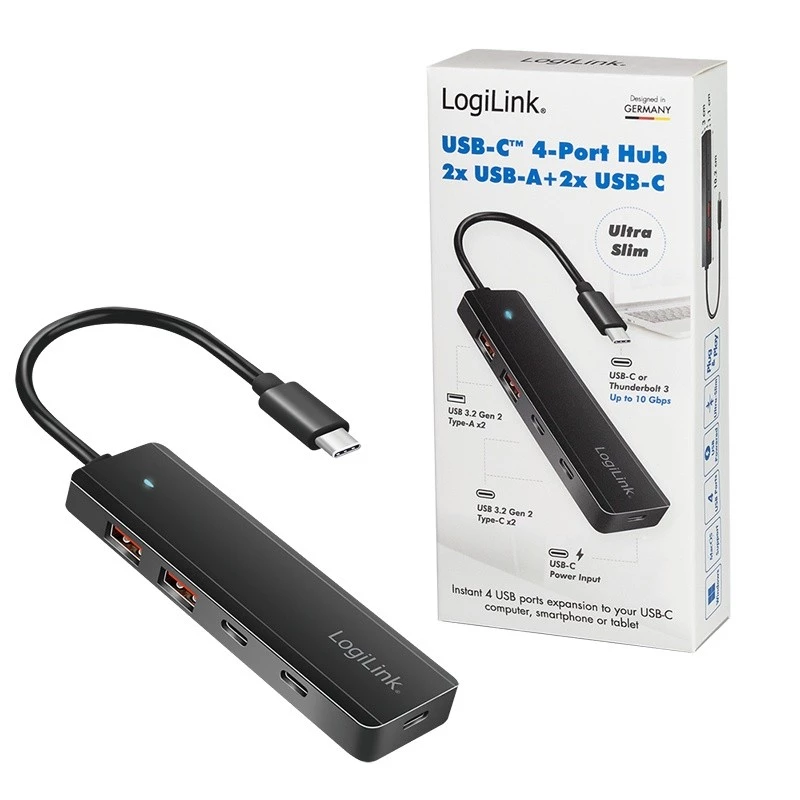 Hub USB-C, 4 puertos 2x USB-A, 2x USB-C, Negro