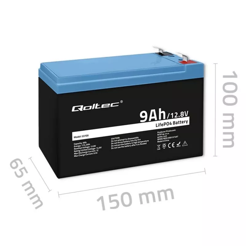 Batería LiFePO4 Litio Hierro Fosfato 12.8V 9Ah 115.2Wh