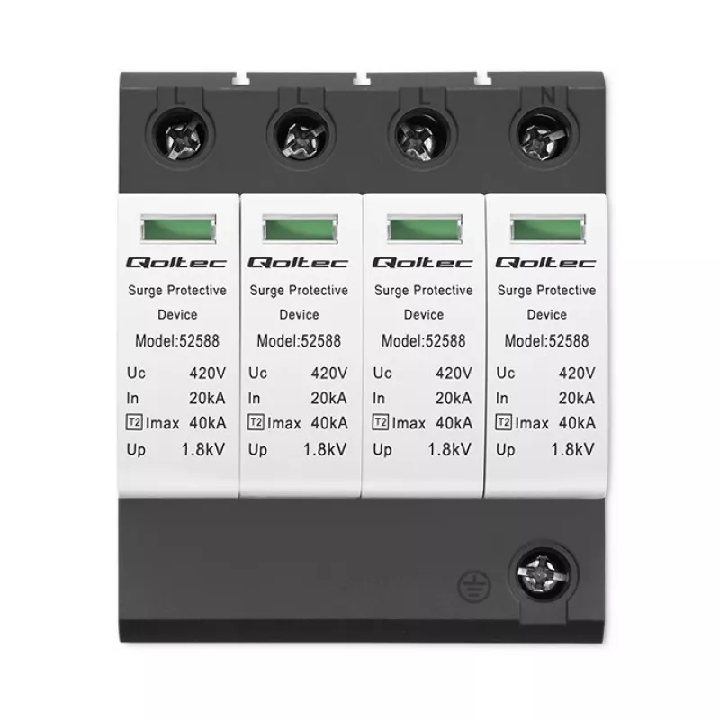 Protector contra sobretensiones QOLTEC 52588 AC 4P 420V T2 C — pararrayos AC de 4 polos, 420 V, Tipo 2