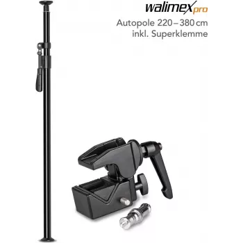Pie de luz/barra telescópica walimex Autopole 220–380 cm con Super Clamp