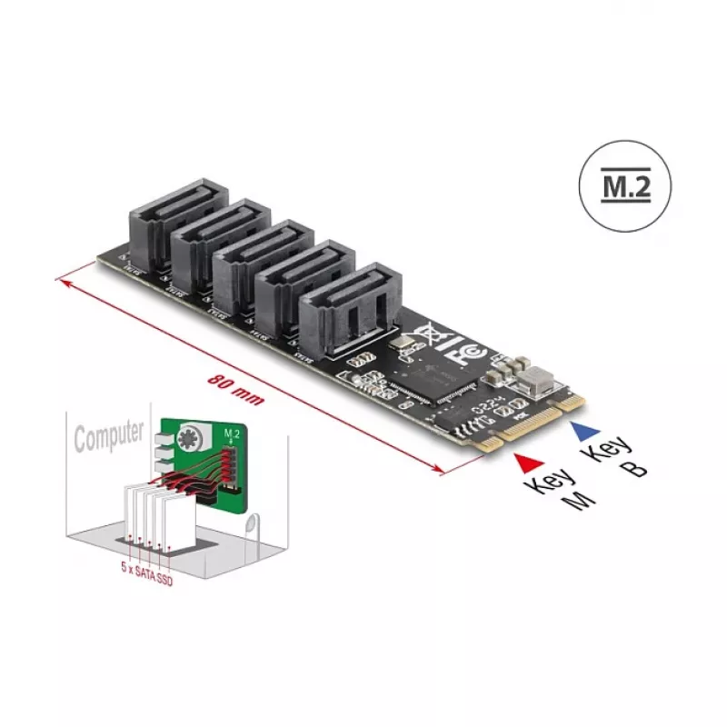 Adaptador SATA interno DELOCK 64241 M.2 (Key B+M) a 5x SATA con JMicron JMB585, indicadores LED, para PC