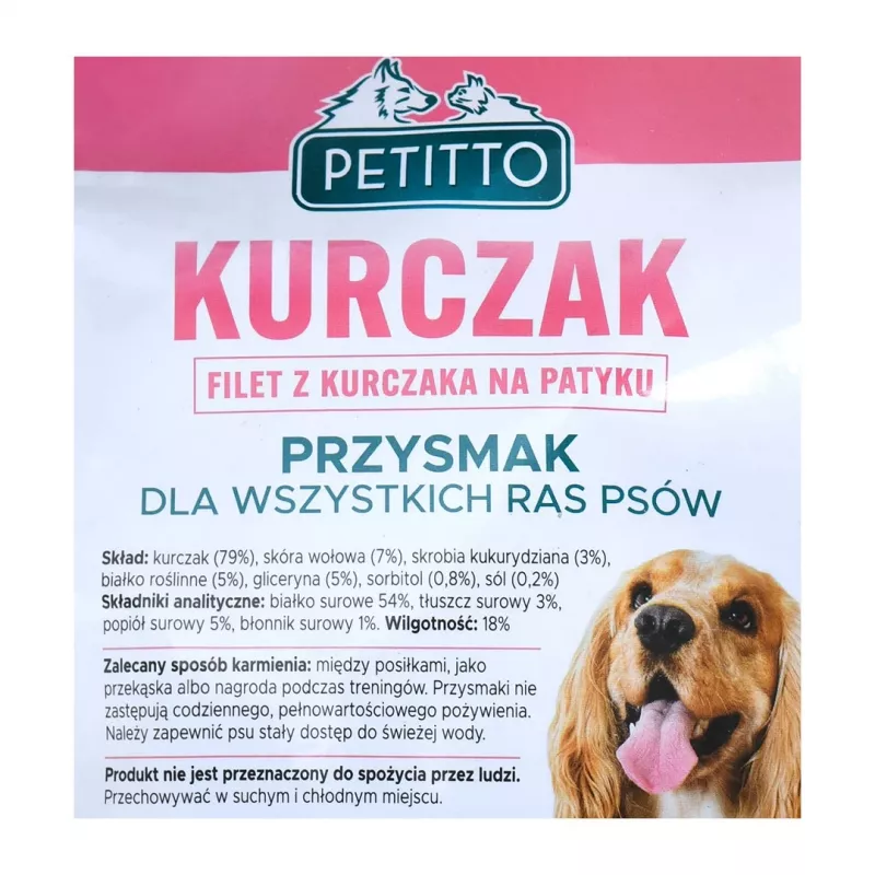 Snacks para perros PETITTO filete de pollo al palo 500 g — snack dietético de ave, envase de plástico de 500 g