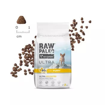 Comida seca VETEXPERT RAW PALEO Ultra Mini Puppy pavo 2 kg — comida seca, monoproteica, 30 % proteína, 14 % grasa, para cachorros de razas pequeñas 2–4,9 kg