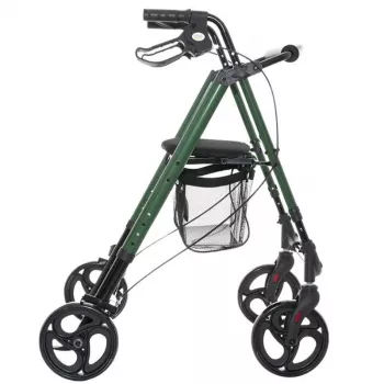 Andador MDH verde con asiento y bolsa – estructura de aluminio, 4 ruedas, altura ajustable, carga máx. 136 kg