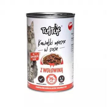 Comida húmeda para gatos TufTuf trozos de carne en salsa con ternera 415 g — alimento completo para gatos adultos, 81,5 % de humedad