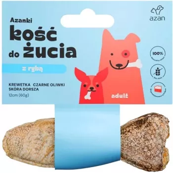Hueso AZANKI con gambas y aceitunas negras en piel de bacalao en forma de pez – snack para perros – 12 cm