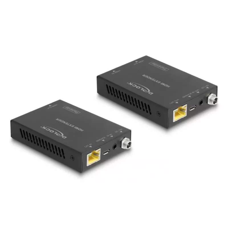 Set transmisor y receptor AV DELOCK 65955 — Extensor HDMI Cat6/Cat6a, hasta 3840×2160, con cable, alimentación Micro-USB-B