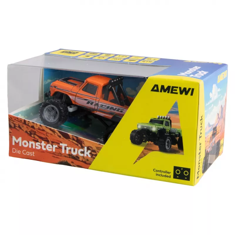 Monstertruck radiocontrolado Amewi DieCast 1:64 RTR naranja, carcasa metálica, Ready-to-Run