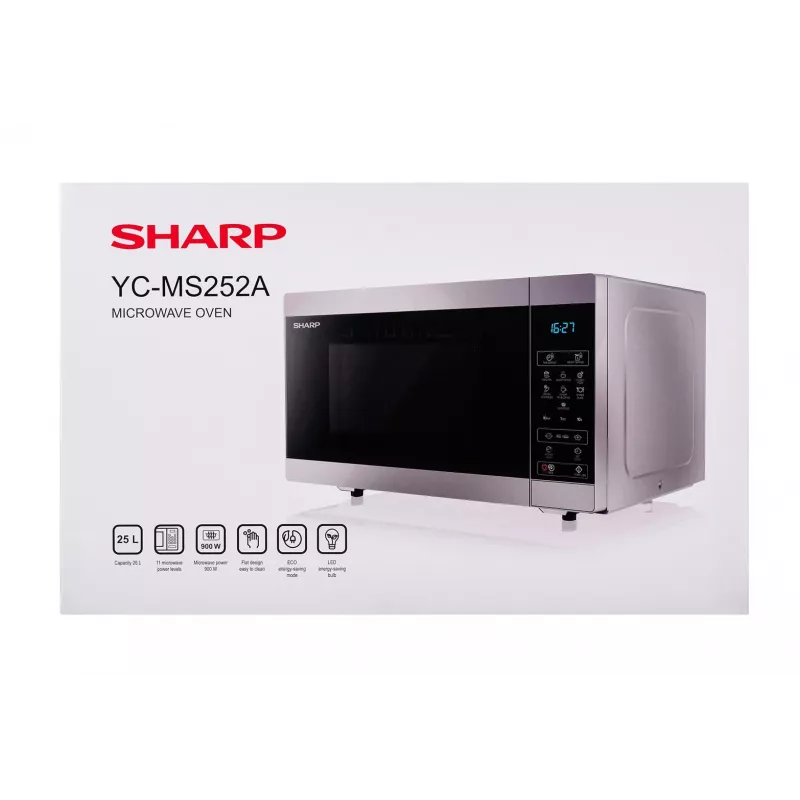 Microondas Sharp YC-MS252AE-S, encimera, 900 W, 25 L, 11 niveles de potencia, manejo táctil, plateado