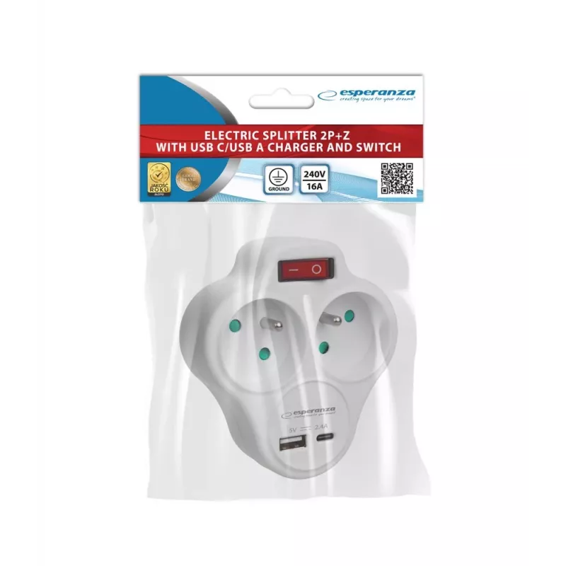 Splitter eléctrico Esperanza ELK311W 2 tomas, entrada USB-C USB-A, blanco