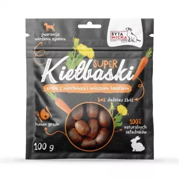 SYTA MICHA Salchichas grandes con conejo, zanahoria y diente de león - snack para perros - 100g