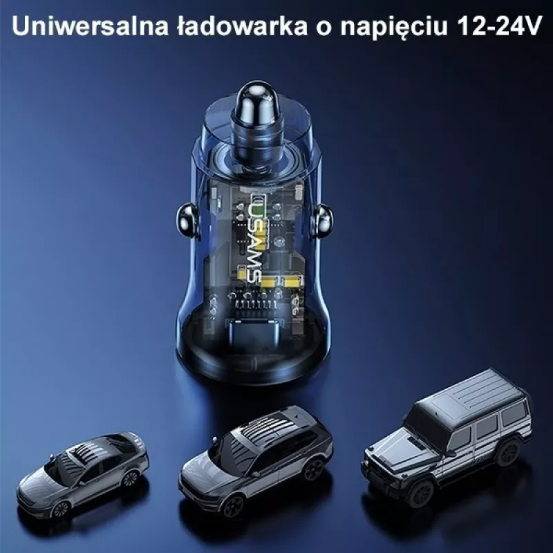 Cargador de coche usams CC164CC01 30W con 1×USB-A y 1×USB-C para carga rápida