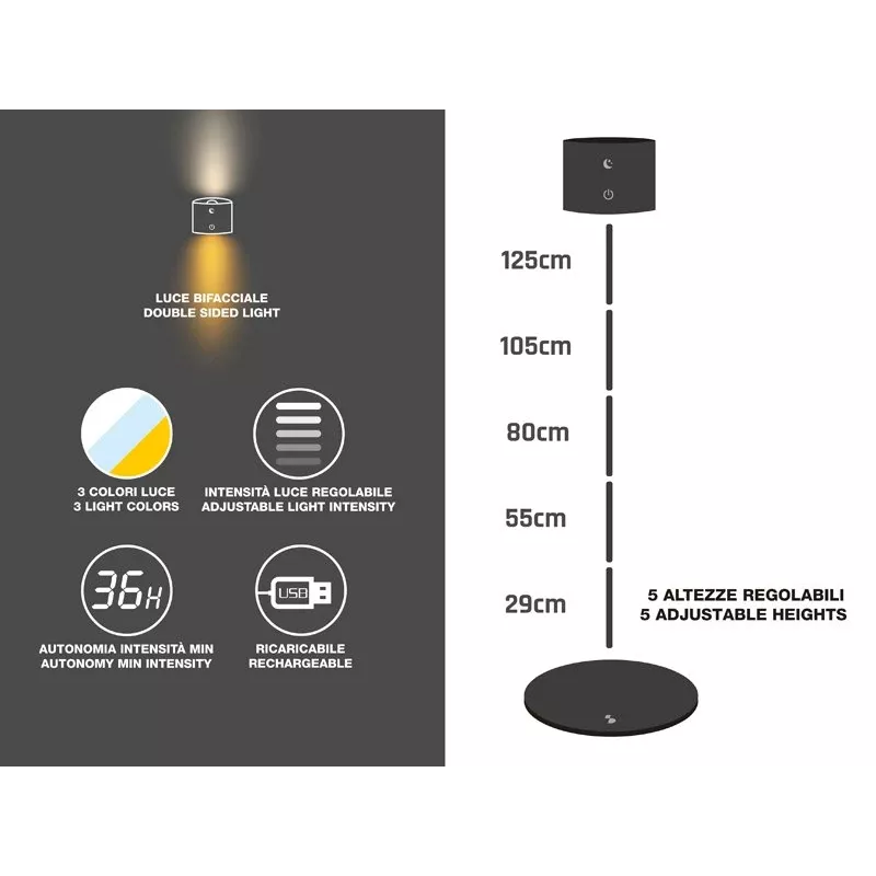Beper P201UTP306 lámpara LED recargable de altura regulable, de pie y montable en pared, 2,3 W, regulable, negra