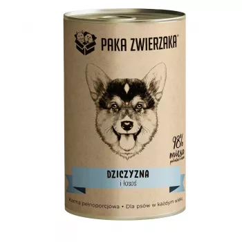 Comida húmeda para perros PAKA ZWIERZAKA jabalí y salmón 400 g — lata para perros adultos, jabalí y salmón, proteína 10,4 %, grasa 6,9 %, humedad 76 %