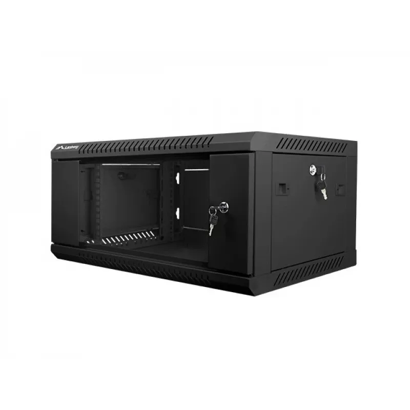 Lanberg WF01-6404-10B armario rack mural de 19 pulgadas 4U, 600x450 mm, puerta de vidrio templado, desmontado (flat pack), IP20, 60 kg, negro RAL 9004