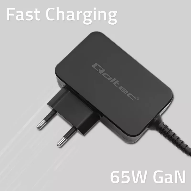 Qoltec 52386 Cargador GaN POWER PRO | 1xUSB-C | 65W | 5-20V | 3-3,25A | negro