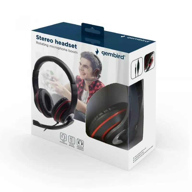 Auriculares gaming con cable GEMBIRD MHS-03-BKRD — binaurales, circumaurales, 3,5 mm, cable de 1,8 m, rojo/negro