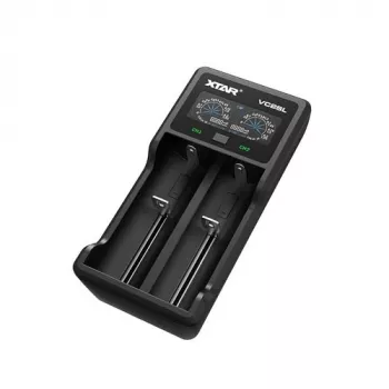 Cargador de pilas XTAR VC2SL — USB 5V 1A, LCD, carga 2 celdas, compatible Li-Ion/NiMH/NiCd, tamaños A/AA/AAA/AAAA/C/D/SC, negro