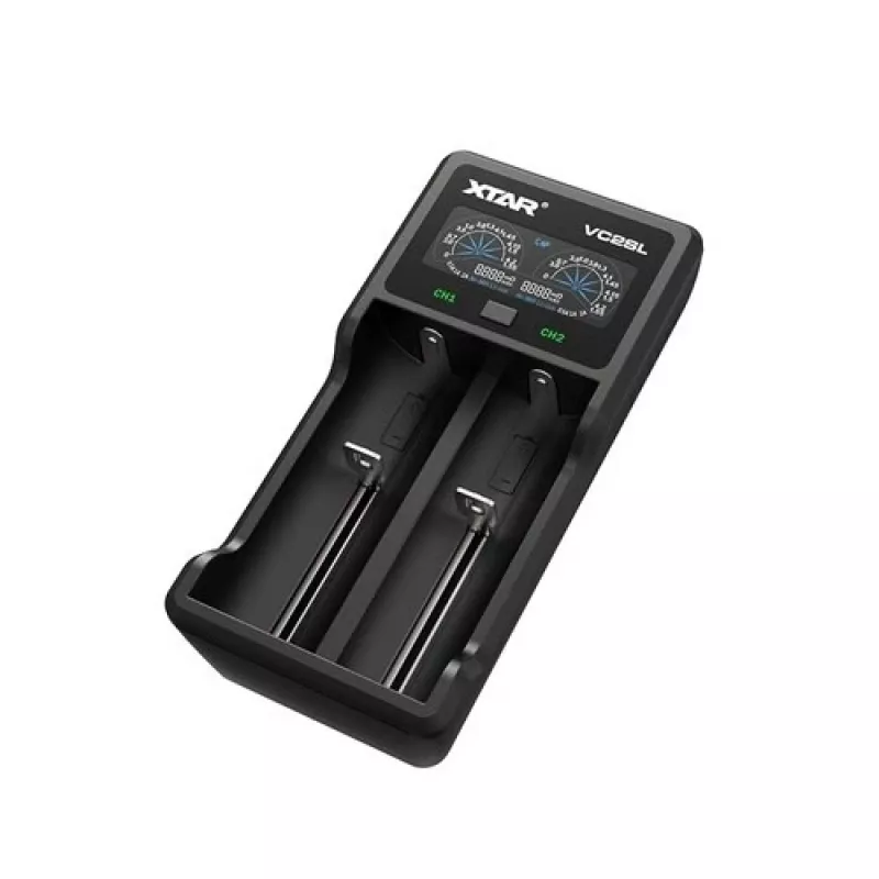Cargador de pilas XTAR VC2SL — USB 5V 1A, LCD, carga 2 celdas, compatible Li-Ion/NiMH/NiCd, tamaños A/AA/AAA/AAAA/C/D/SC, negro