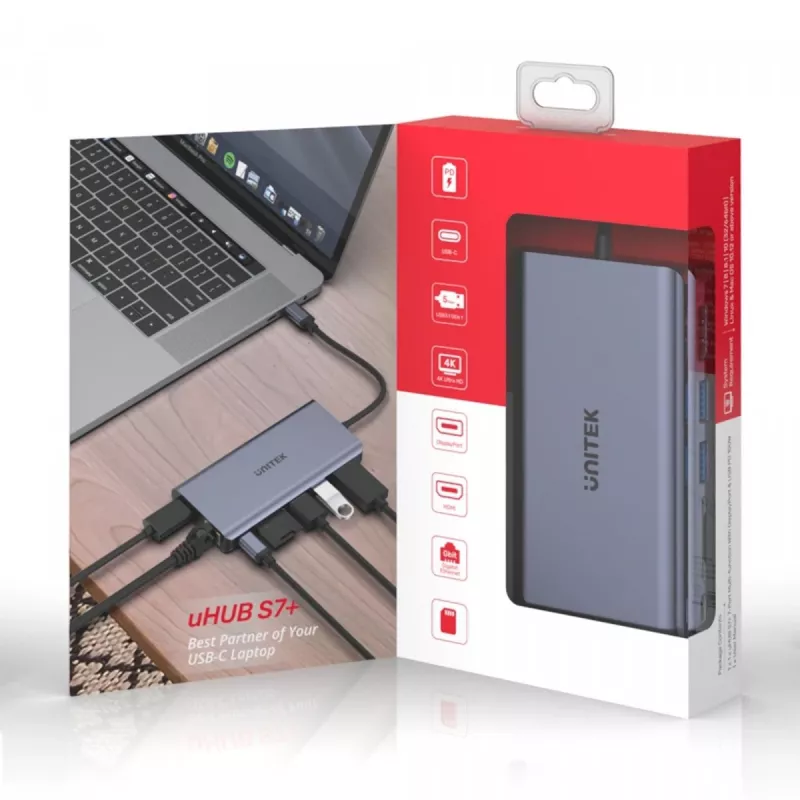 Hub UNITEK uHUB S7 USB 3.2 Gen 1 Type-C gris