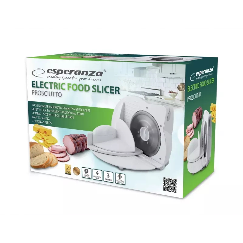 Cortadora eléctrica universal ESPERANZA EKM017W — 150 W, cuchilla de acero inoxidable de 17 cm, grosor de corte máximo 15 mm, color acero inoxidable, carcasa de plástico