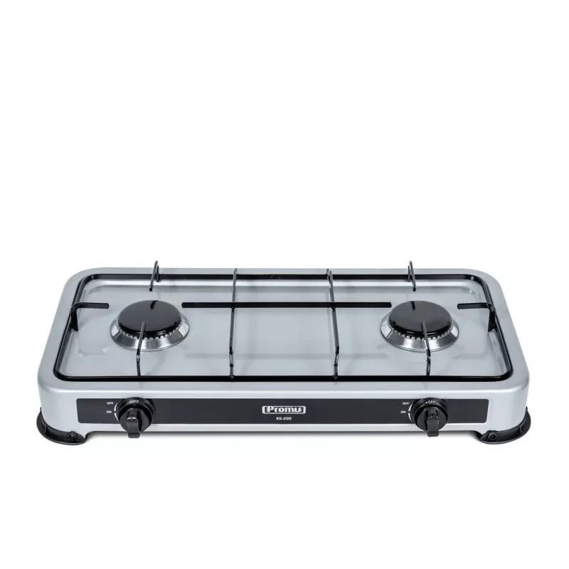 Cocina de gas independiente PROMIS KG200 acabado acero inoxidable plateado – 2 quemadores de gas, 2 zonas eléctricas, horno eléctrico, control mecánico