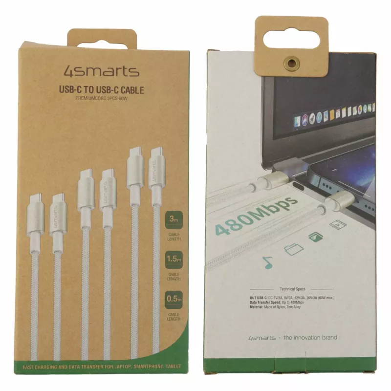 4smarts cable USB-C a PremiumCord 60W set de 3 0,5m+1,5m+3m blanco - plata, blanco - 3 uds. (540621)