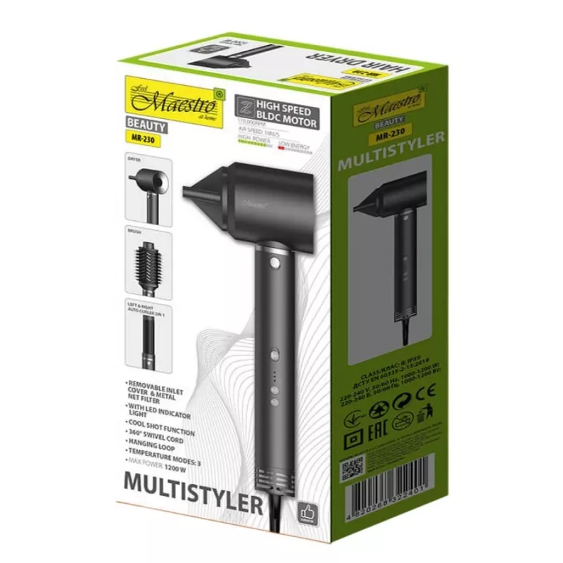 Set de cuidado del cabello 3 en 1 Multistyler Maestro MR-230 — secador de pelo, cepillo secador y rizador automático, 1200 W, motor BLDC, rizos de 3,5 cm, 2 niveles de calor, negro