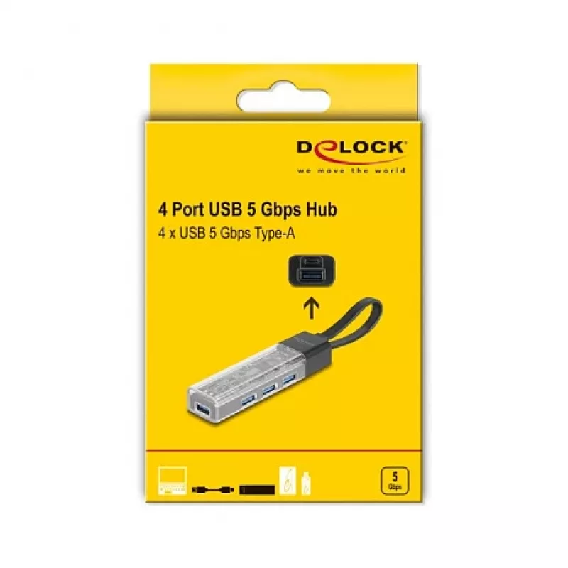 Hub DELOCK USB 3.2 Gen 1 (3.1 Gen 1) de 4 puertos con host Type-A + Type-C (5000 Mbit/s) negro/transparente