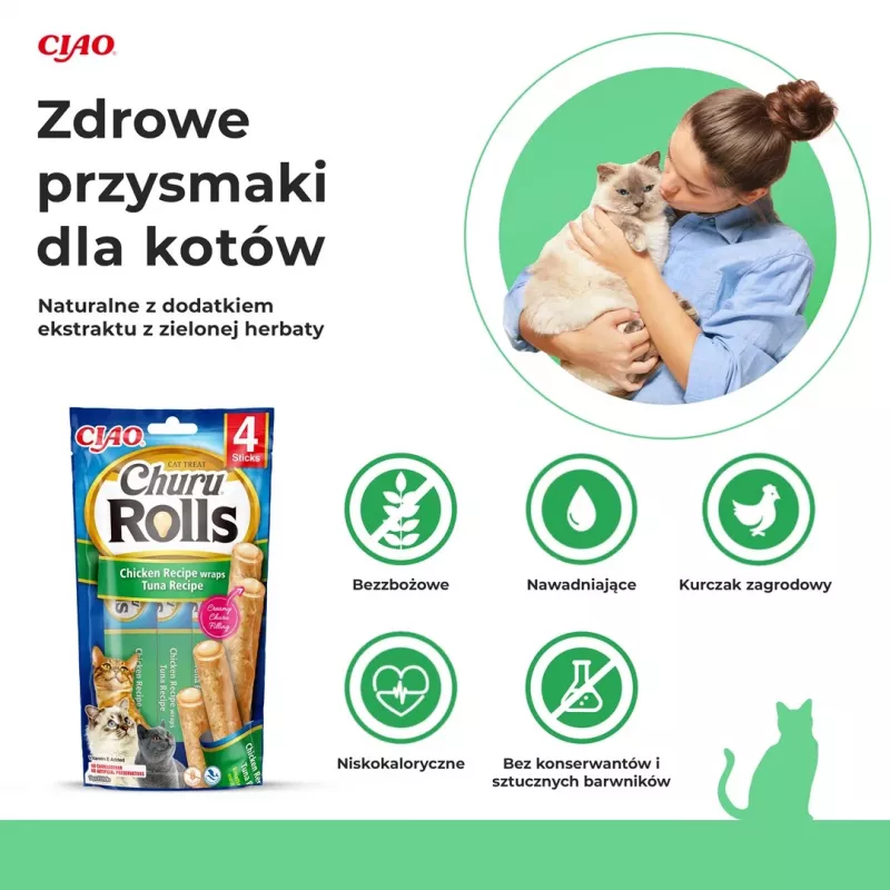 INABA Churu Rolls receta de pollo envuelto en receta de atún - Snack para gatos - 4x10 g