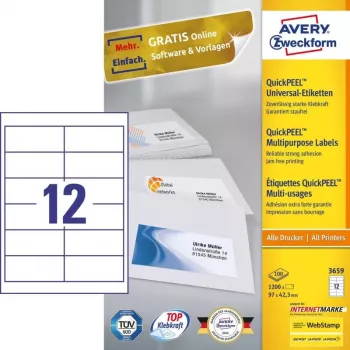 Avery 3659 Etiquetas autoadhesivas Rectangulares Permanente Blanco 1200 uds.