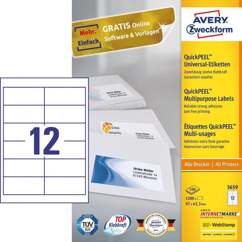 Avery 3659 Etiquetas autoadhesivas Rectangulares Permanente Blanco 1200 uds.