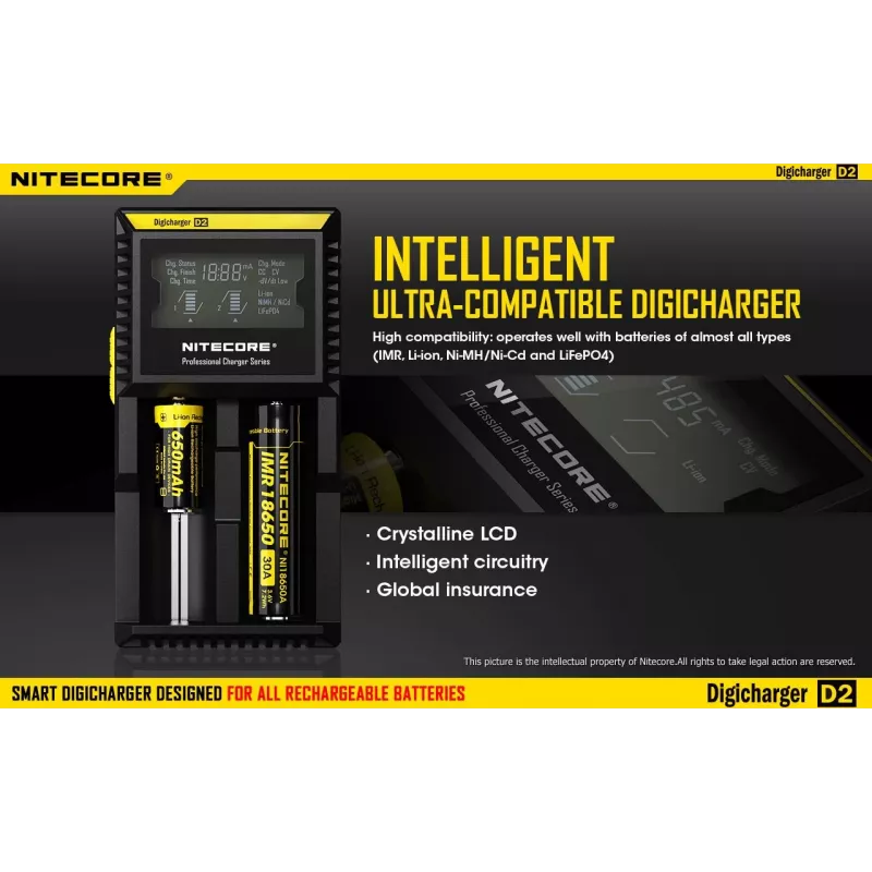 Cargador de baterías Nitecore D2 — cargador de 2 compartimentos para pilas AA/AAA/AAAA/C, tensión de entrada 100–240V, tensión de salida 4,2V, negro