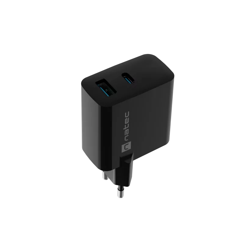 Cargador con cable para dispositivos móviles NATEC NUC-2145, 65 W, USB-C PD 3.0 + QC 3.0, 1x USB-C, 1x USB-A, 110–240 V, negro
