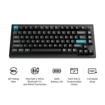 Teclado mecánico Keychron Q1 Ultra 8K — formato 75%, USB + RF inalámbrico + Bluetooth, RGB LED, negro