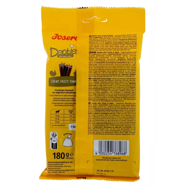 JOSERA Denties pavo con manzana - Snack para perros - 180g