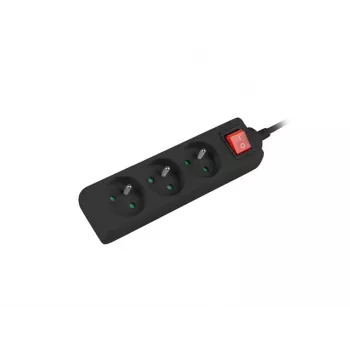 Regleta 3 m, negra, 3 tomas, con interruptor, cable de cobre macizo
