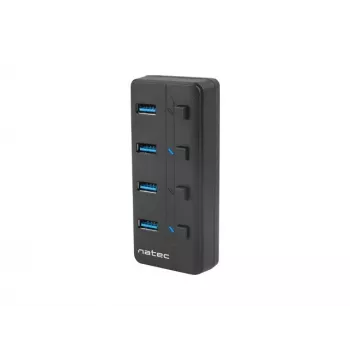 Hub USB NATEC MANTIS USB 2.0 Type-B — 4x conectores USB 3.2 Gen 1 Type-A, negro, cable de 0,8 m, fuente de alimentación, interruptor de red