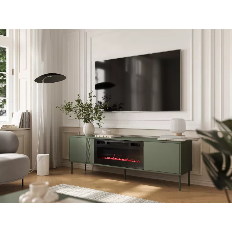 Mueble TV con chimenea Cama Meble TRESSE 180x40x54,5 cm — superficie verde mate, aglomerado
