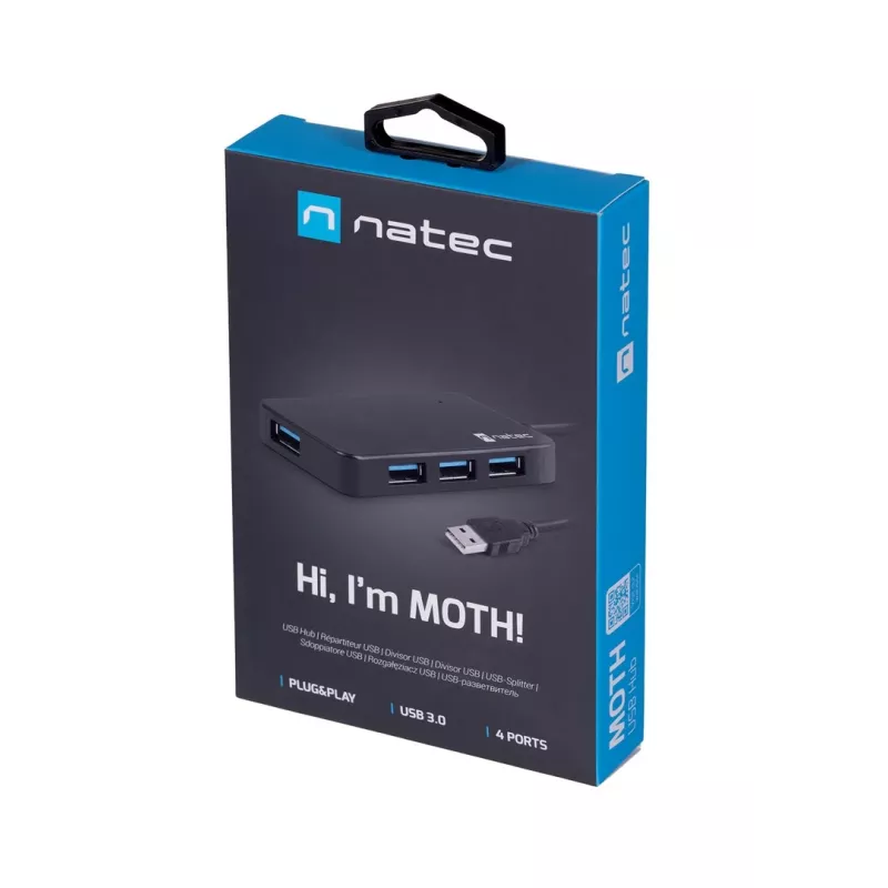 Hub USB NATEC Moth 4 puertos USB 3.2 Gen 1 Type-A (5000 Mbit/s), alimentado por USB, negro, cable de 0,15 m