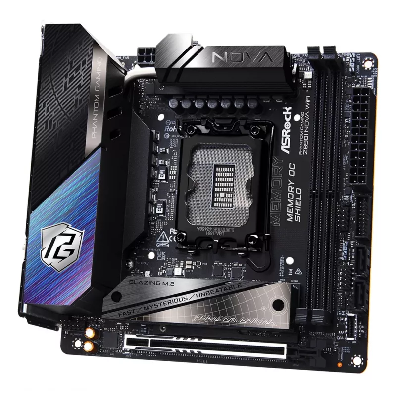 Placa base ASRock Phantom Gaming Z890I Nova WiFi — Intel Z890, LGA 1851, Mini-ITX, DDR5, 2x M.2, Wi‑Fi 6E/7, 5Gb LAN, Thunderbolt