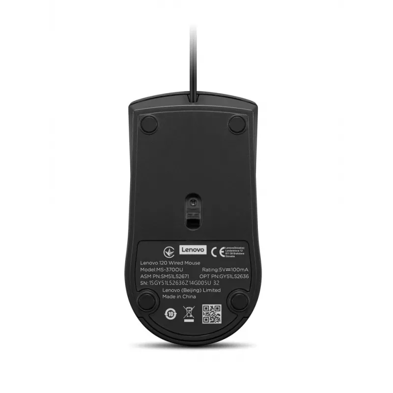 Lenovo 120 GY51L52636 ratón óptico con cable, USB-A, 3 botones, cable de 1,5 m, negro