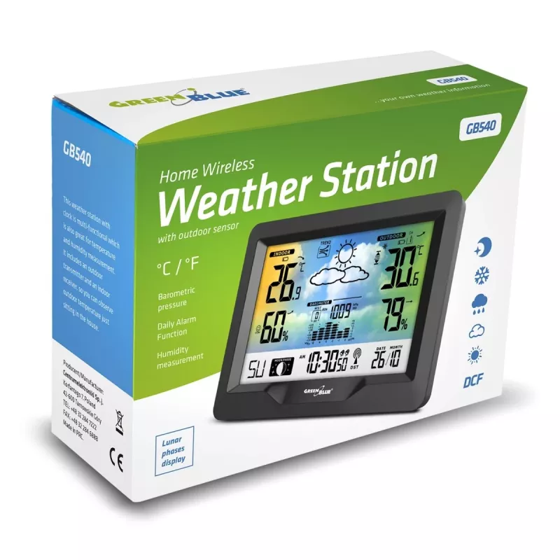 Higrómetro termómetro GreenBlue GB540 — interior 0–50°C / exterior -20–65°C, reloj DCF, sensor exterior 60 m, negro