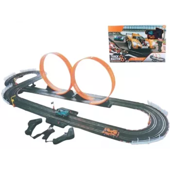 Pista de carreras de juguete mecánica Madej con dos loopings, set de pista portátil con coche looping